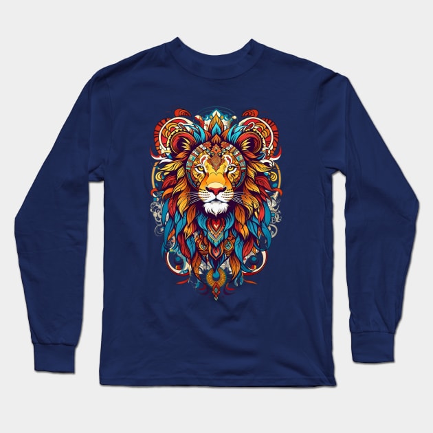 Lion's Head tribal art indigenous retro vintage design Long Sleeve T-Shirt by Neon City Bazaar